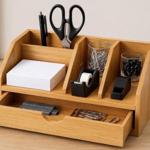 17 Bamboo Desktop Organizer with Drawer and Compartments for Office Supplies