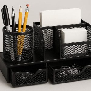 21 Metal Desktop Organizer with Drawer and Cup Holder for Office Essentials