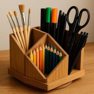 23 Wooden Desktop Caddy with Rotating Compartments for Art Supplies
